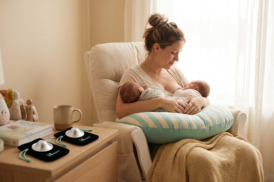 Mother tandem nursing twins with silver nursing cups nearby on nightstand