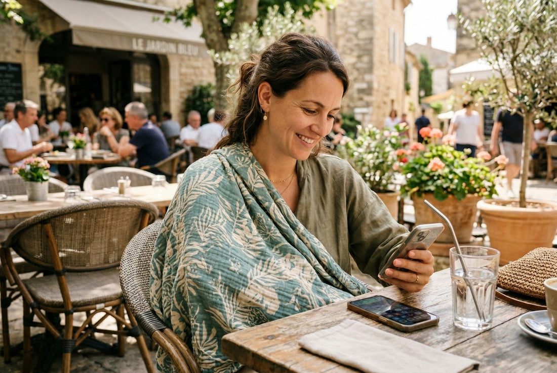 Confident mother nursing baby under soft teal muslin cover at outdoor café terrace with glass of water on table