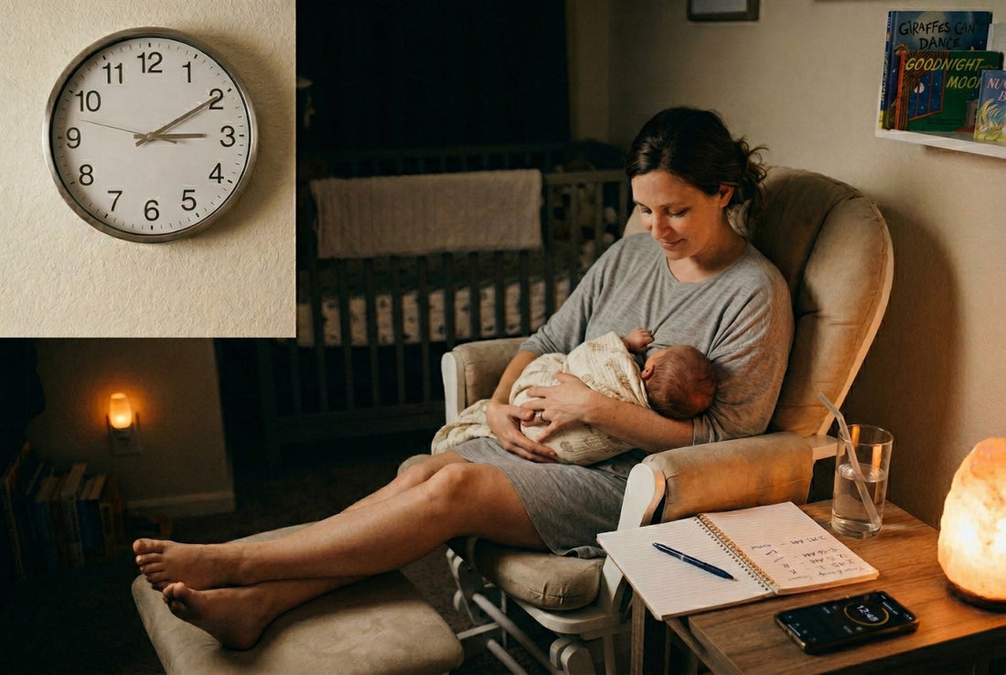 Feeding tracker notebook and baby bottle on nursery nightstand with clock showing 2:45 AM