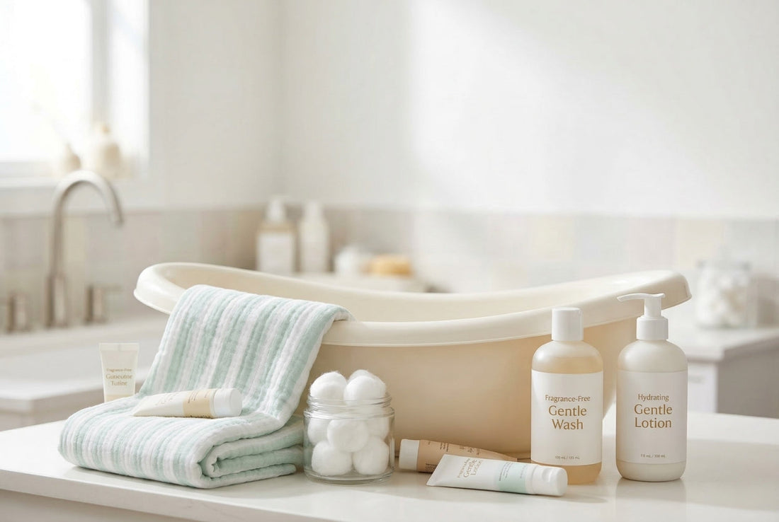 Newborn skincare essentials on white surface with fragrance-free moisturizer and gentle cleanser