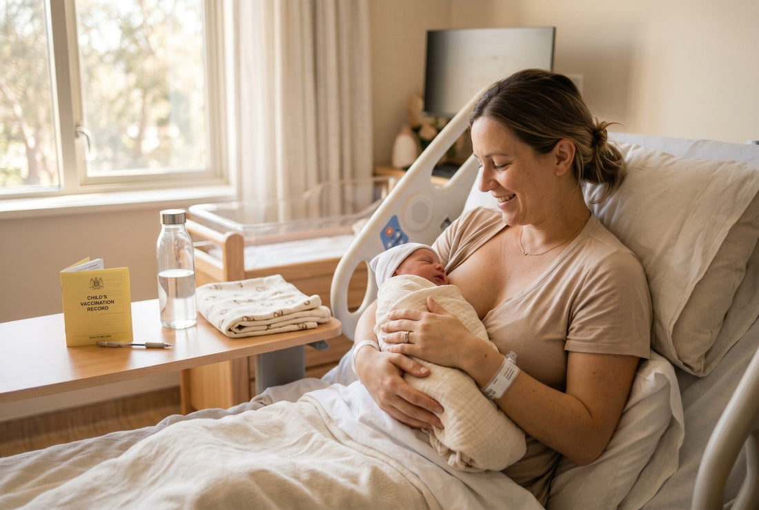 Mother holding newborn skin-to-skin in hospital room with vaccination record booklet on bedside table