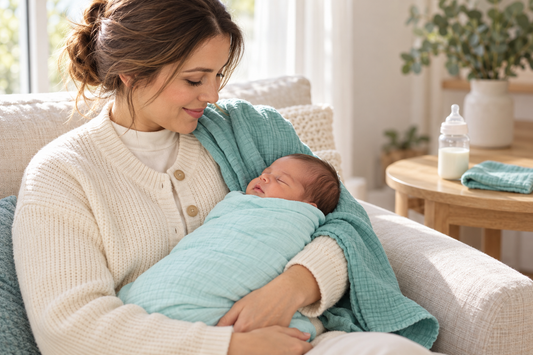 Mother holding her swaddled newborn on a sofa with an unbranded baby bottle on the side table