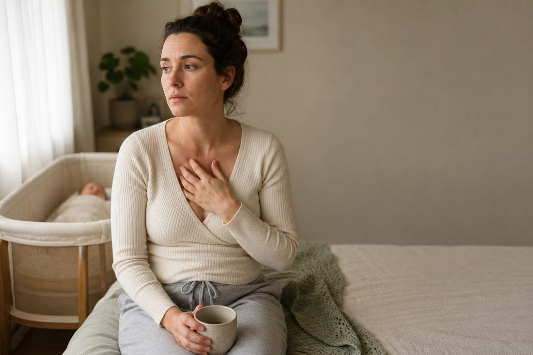 Tired new mother sitting on bed in morning light, hand on chest, sleeping newborn in bassinet behind her
