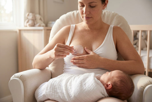Mother in nursery glider applying clear silicone nipple shield before breastfeeding newborn