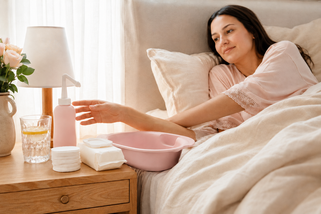 Postpartum recovery station with peri bottle sitz bath and witch hazel pads on bedside table