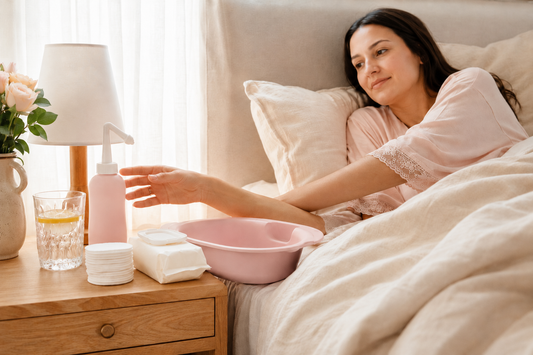 Postpartum recovery station with peri bottle sitz bath and witch hazel pads on bedside table