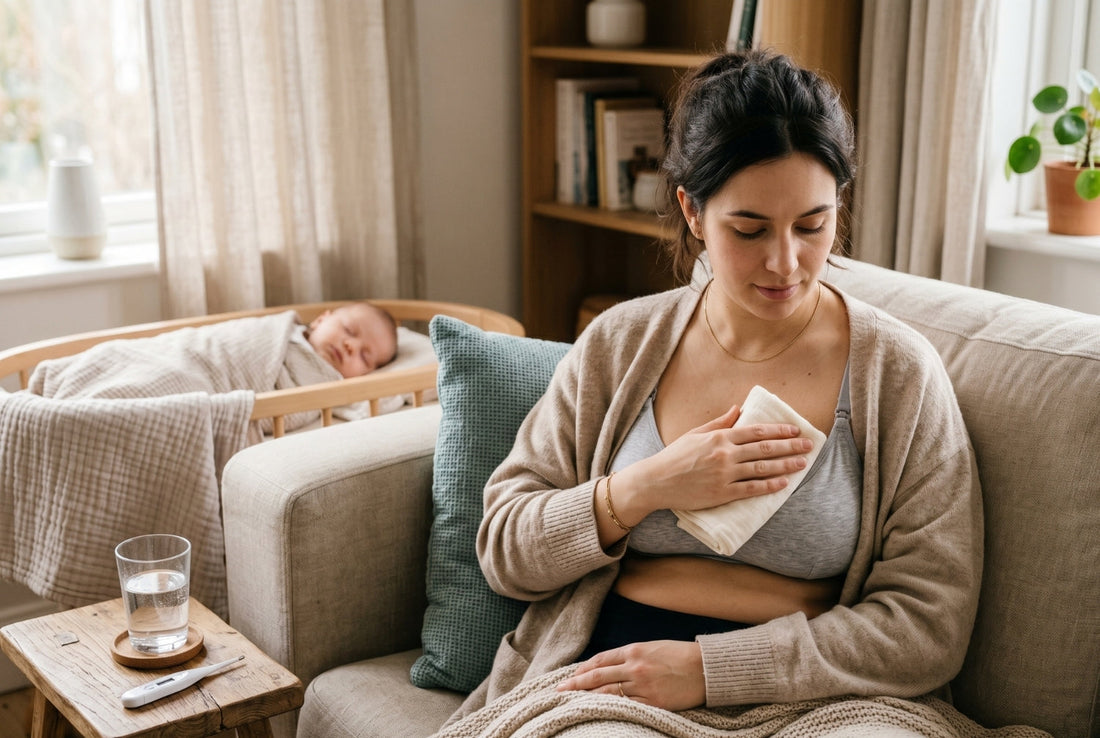 Mother applying warm compress to breast while checking for clogged duct symptoms at home