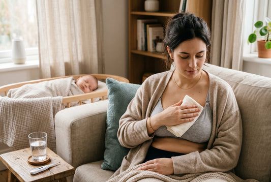 Mother applying warm compress to breast while checking for clogged duct symptoms at home