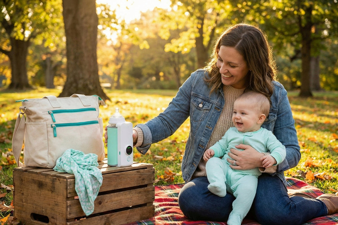 A joyful mom feeding her baby outdoors in a park, using a battery-operated portable bottle warmer removed from a diaper bag