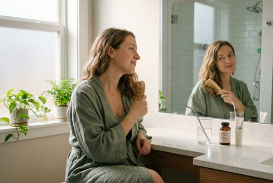 New mother calmly brushing hair with wide tooth comb at bathroom mirror in soft morning light with water and vitamins on counter