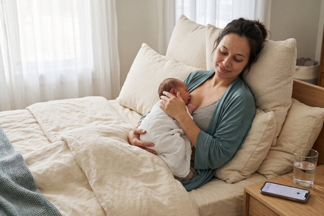 Mother resting with newborn in soft morning light during early postpartum recovery