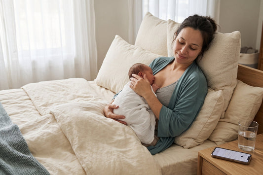 Mother resting with newborn in soft morning light during early postpartum recovery