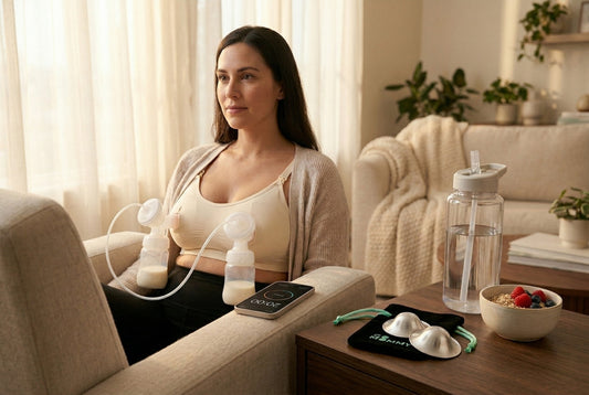 Mother using double electric breast pump in morning nursing chair with timer water bottle and silver cups