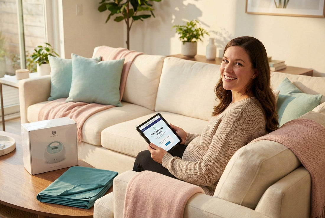 A pregnant mom happily checking her insurance coverage for a breast pump on a tablet in a sunlit living room with a pump box nearby.