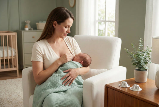 Mother breastfeeding newborn in nursery with silver nursing cups on side table for nipple scab relief during breastfeeding