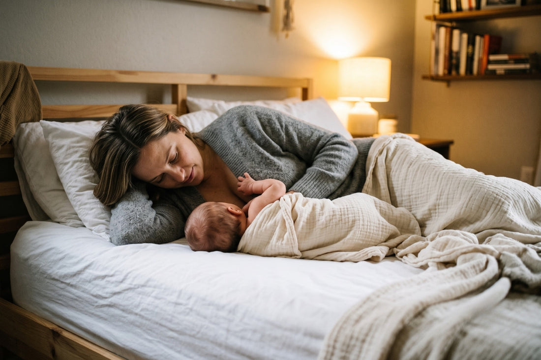 Mother and newborn lying on sides facing each other during side-lying breastfeeding in softly lit bedroom