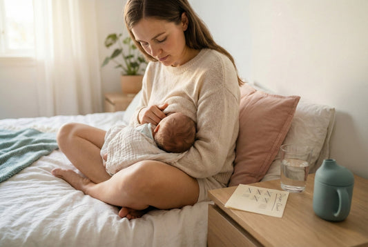 Breastfeeding mother tracking milk supply with diaper count chart and nursing cup on bedside table in modern nursery