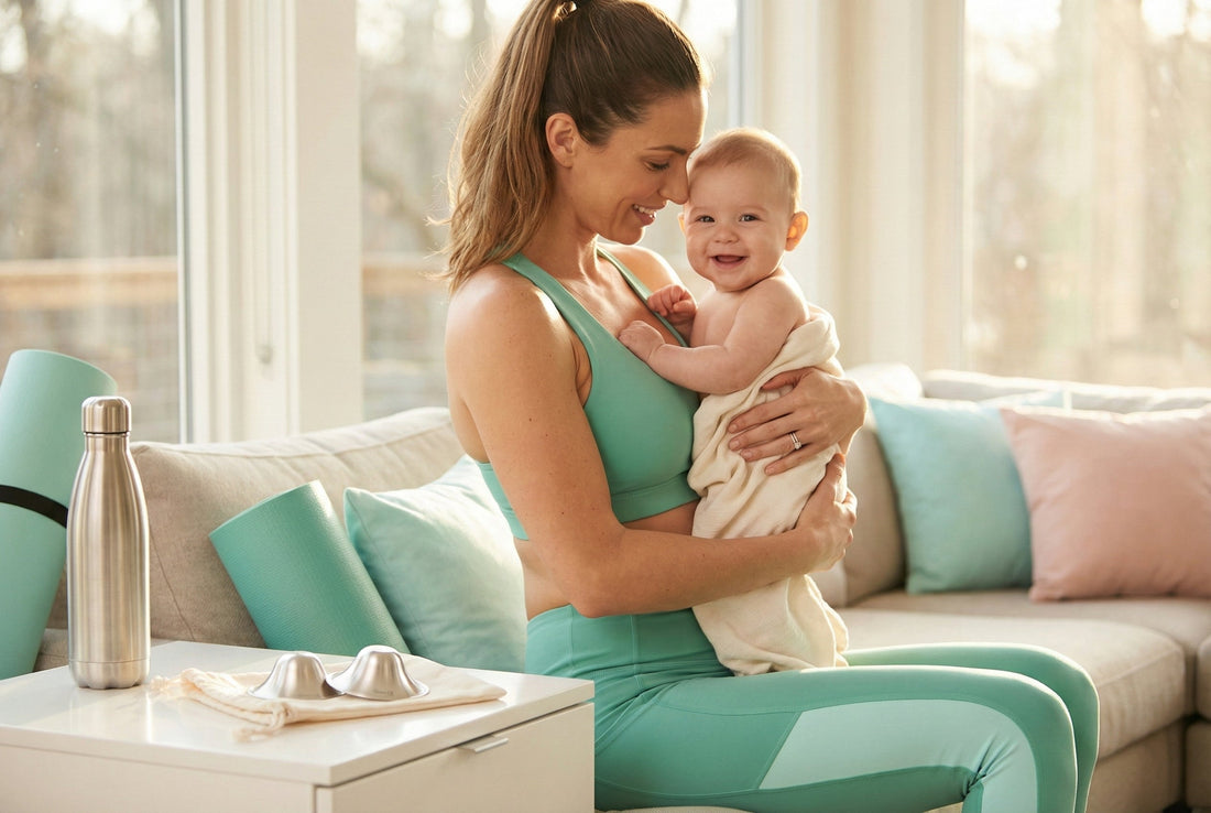 Active mom holding baby after workout with silver nursing cups on table for nipple chafing relief | Go Mommy