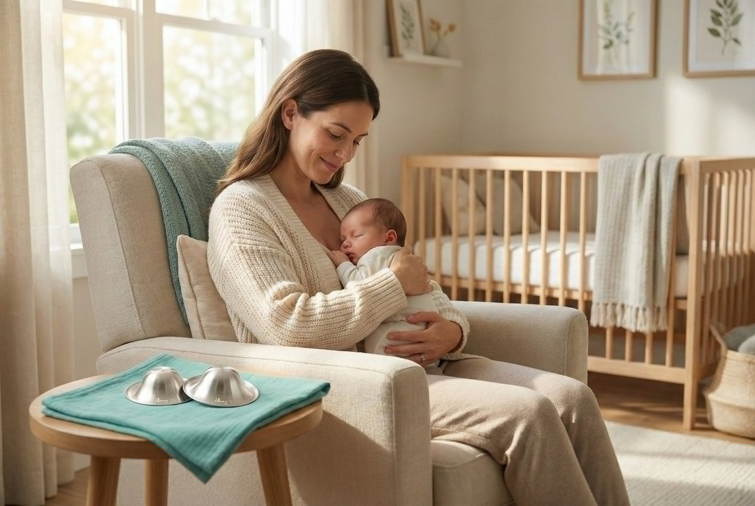 Smiling mother holding newborn baby in a sunny nursery with silver nursing cups on a wooden side table for breastfeeding relief.