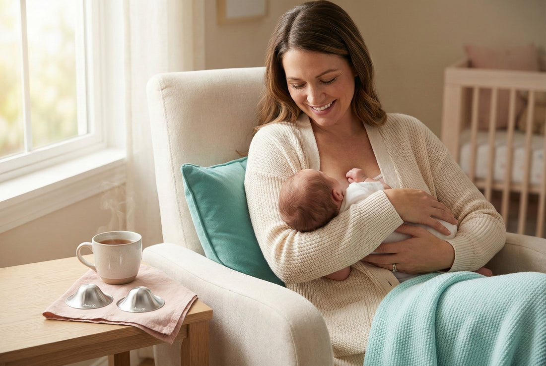 A happy mother holding her newborn in a nursery with silver nursing cups nearby for breastfeeding relief and nipple protection.
