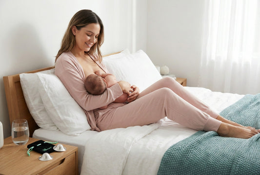 Smiling mother holding newborn baby comfortably, illustrating relief from sore nipples using silver nursing cups.