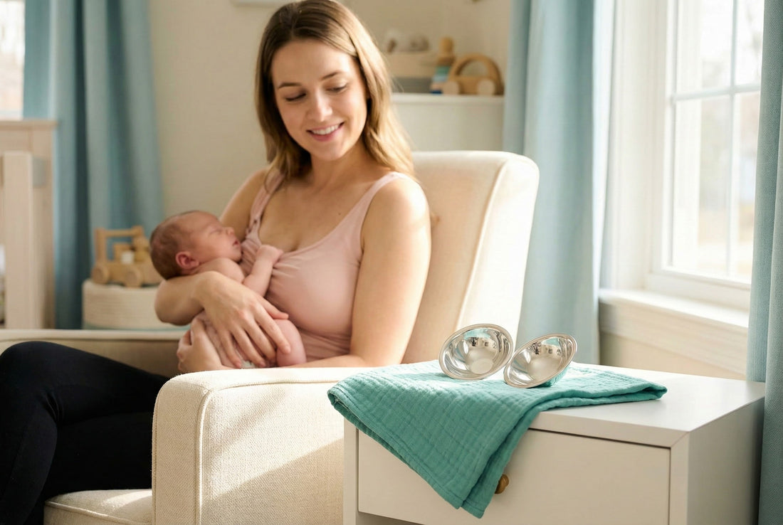 A smiling mother holding her newborn in a nursery with silver nursing cups on the side table for sore nipple relief