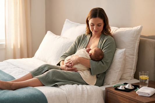 Mother breastfeeding baby in bed with silver nursing cups and warm compress on bedside table