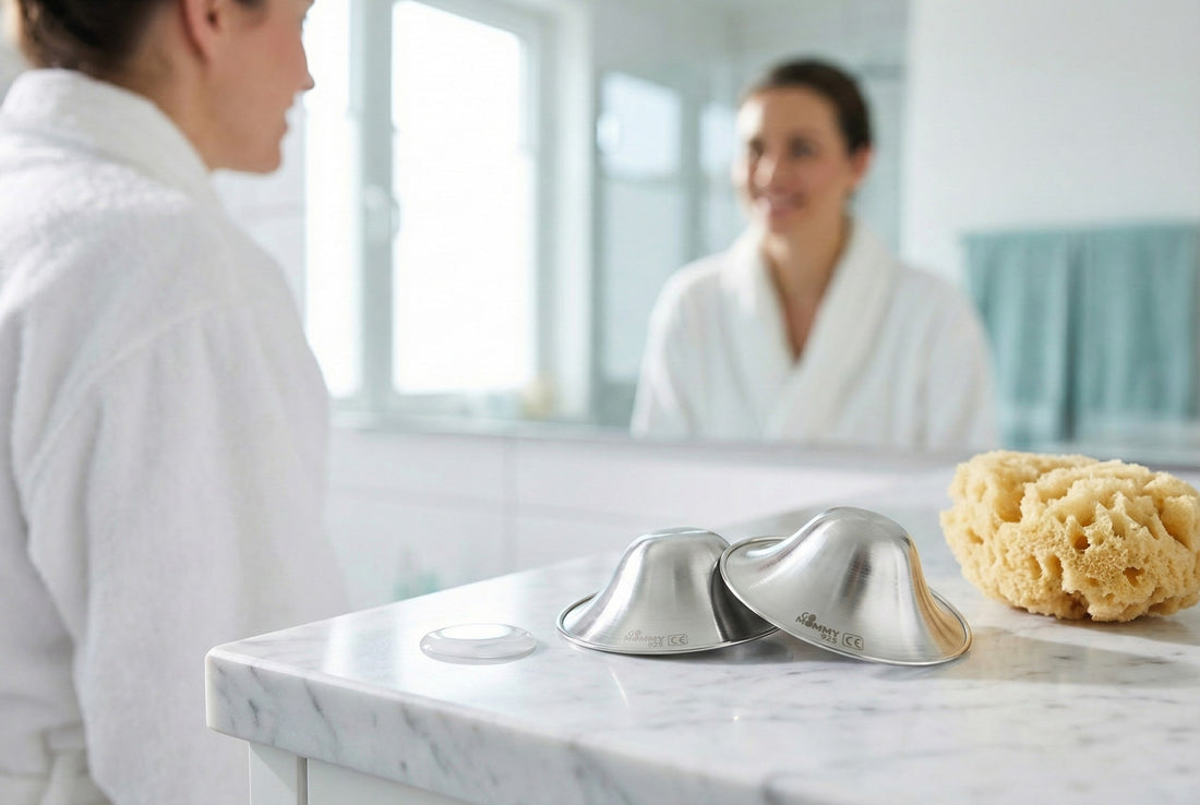 Silver nursing cups on a marble vanity symbolizing the importance of hygiene and natural healing for breastfeeding mothers