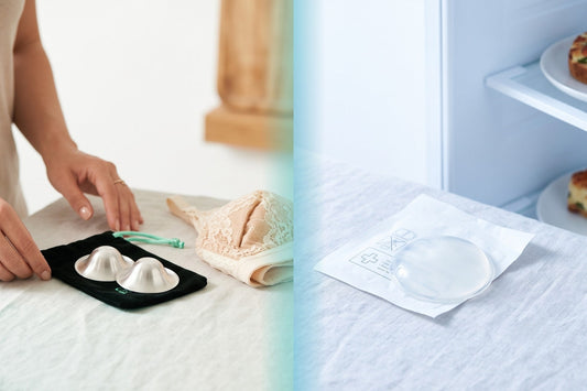 Silver nursing cups on velvet pouch beside hydrogel breast pad on wrapper