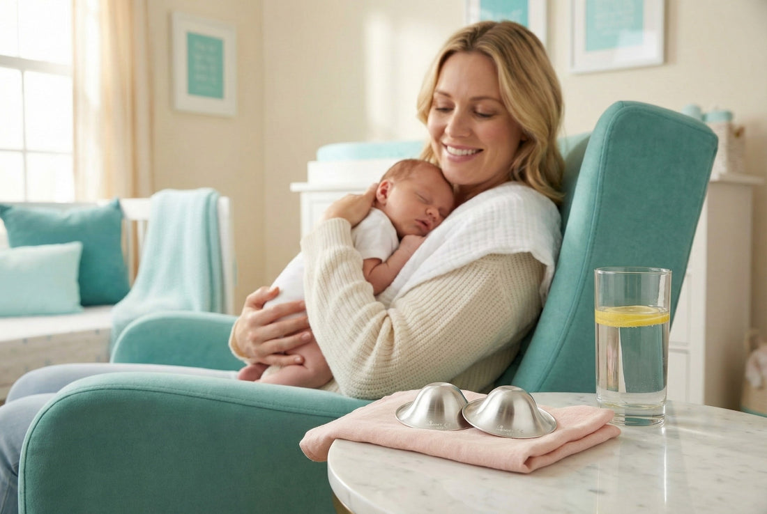 Postpartum mom relaxing in nursery with silver nursing cups nearby for effective cracked nipple treatment and nipple care.