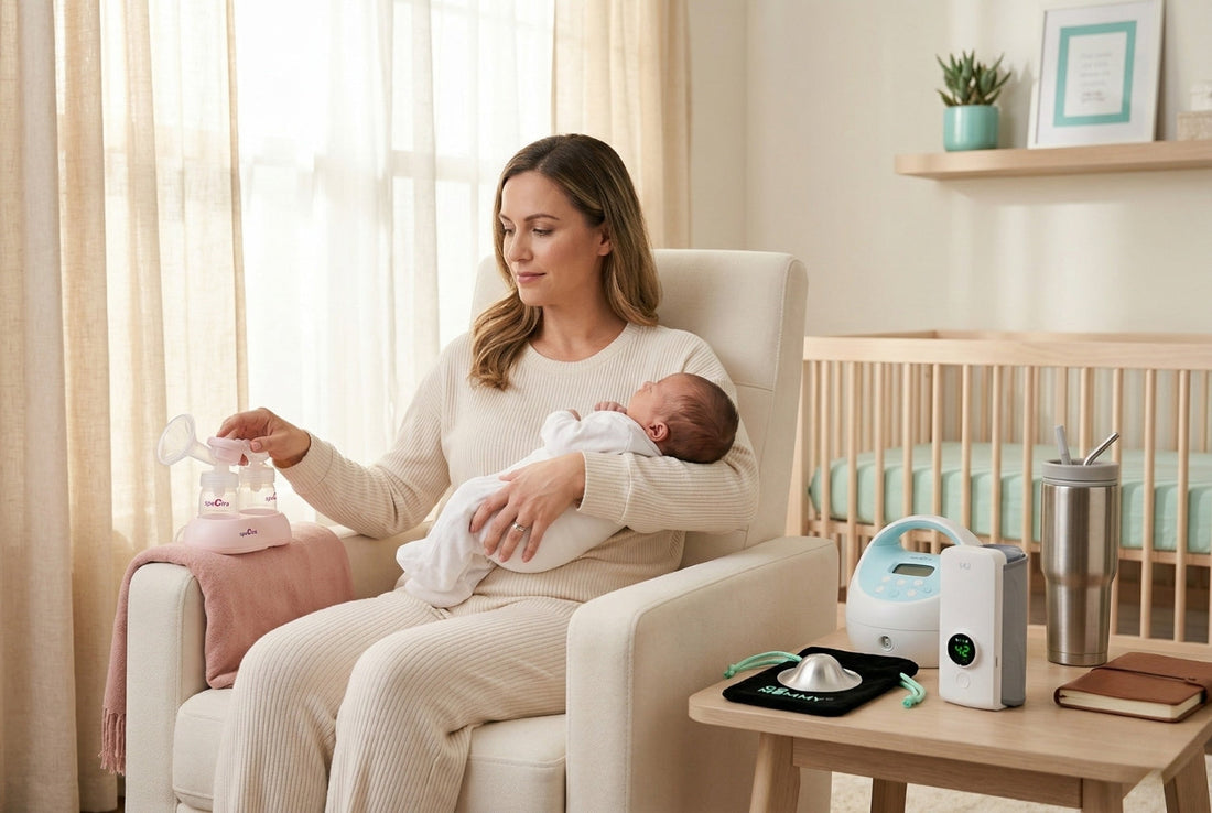 Mother with newborn in nursery glider beside Spectra S1 and S2 breast pumps with silver nursing cups and bottle warmer on side table