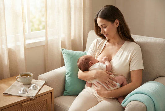 Mother holding newborn in nursery with silver nursing cups on nightstand for thrush on nipple relief