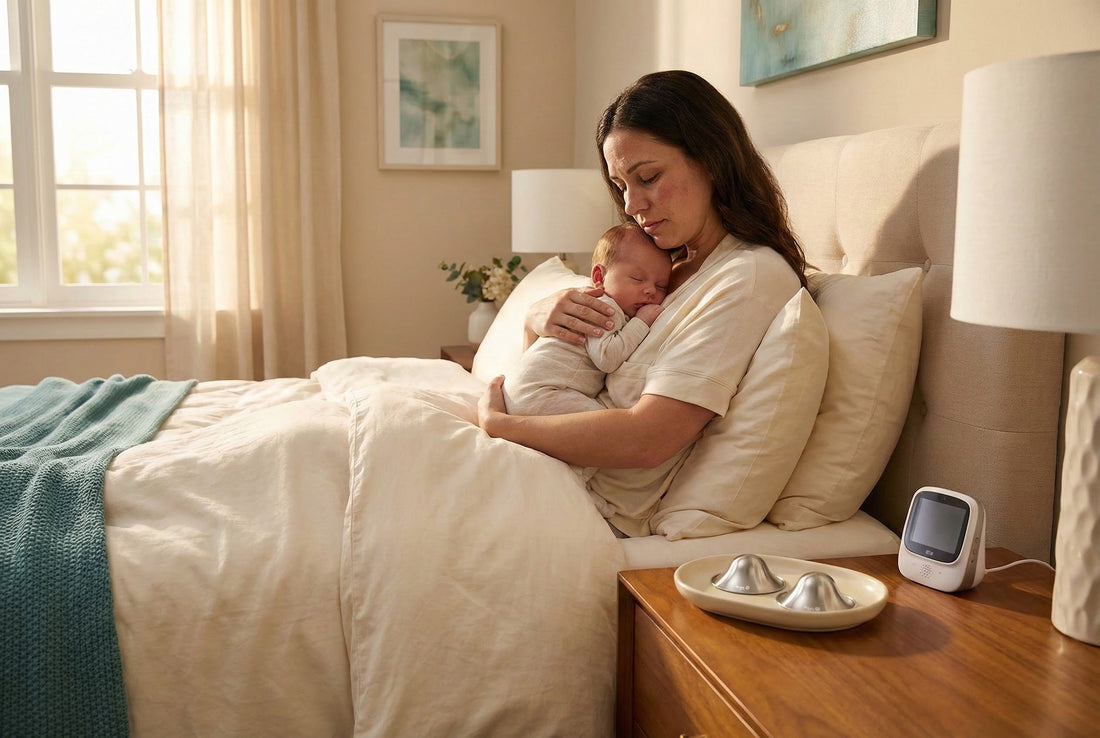 A tired new mom holding her sleeping newborn in bed with silver nursing cups on the nightstand next to her during early morning