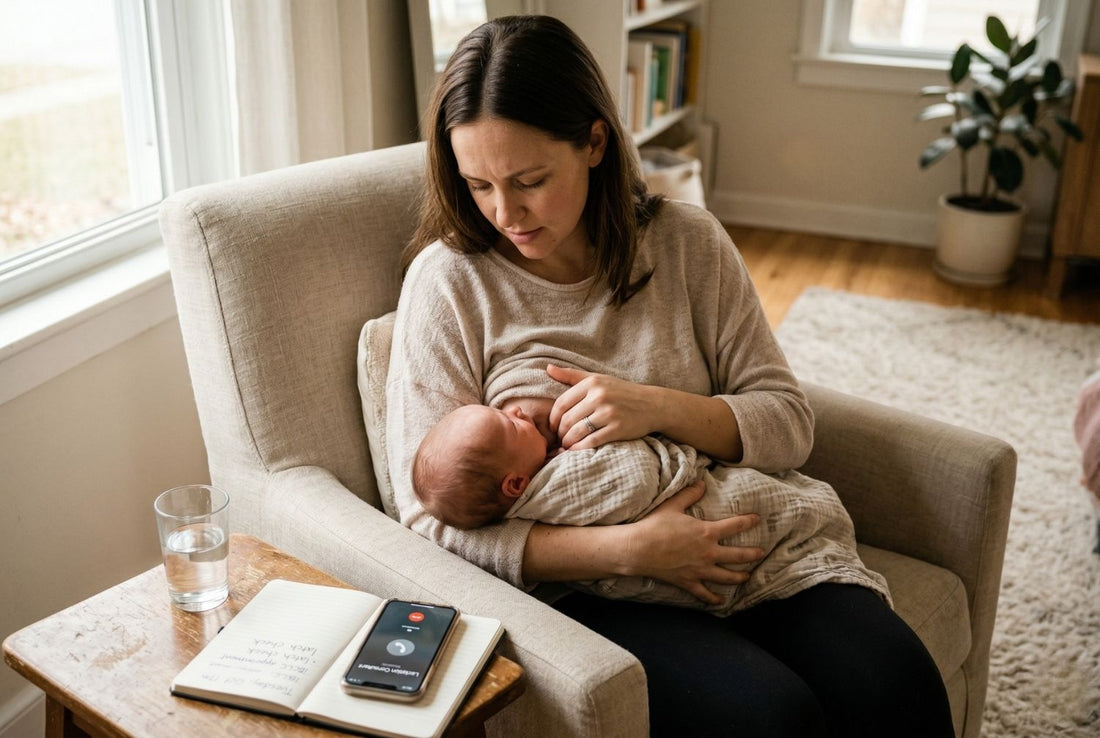 Mother attempting to breastfeed newborn with latch difficulty at home while noting IBCLC appointment for tongue tie assessment
