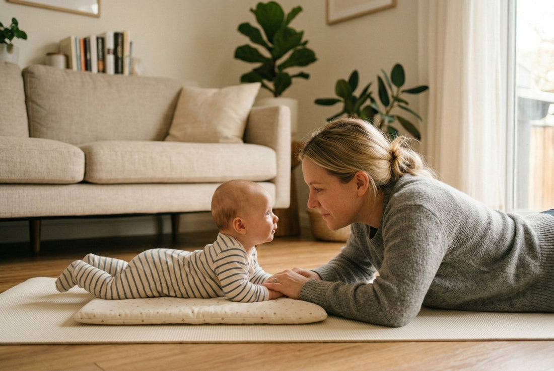 Mother lying face to face with newborn baby during tummy time on cream mat in warm living room