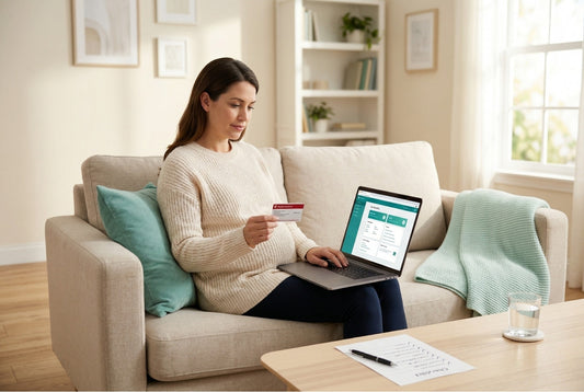 Pregnant mother on sofa researching UnitedHealthcare breast pump coverage on laptop with insurance card and checklist on coffee table