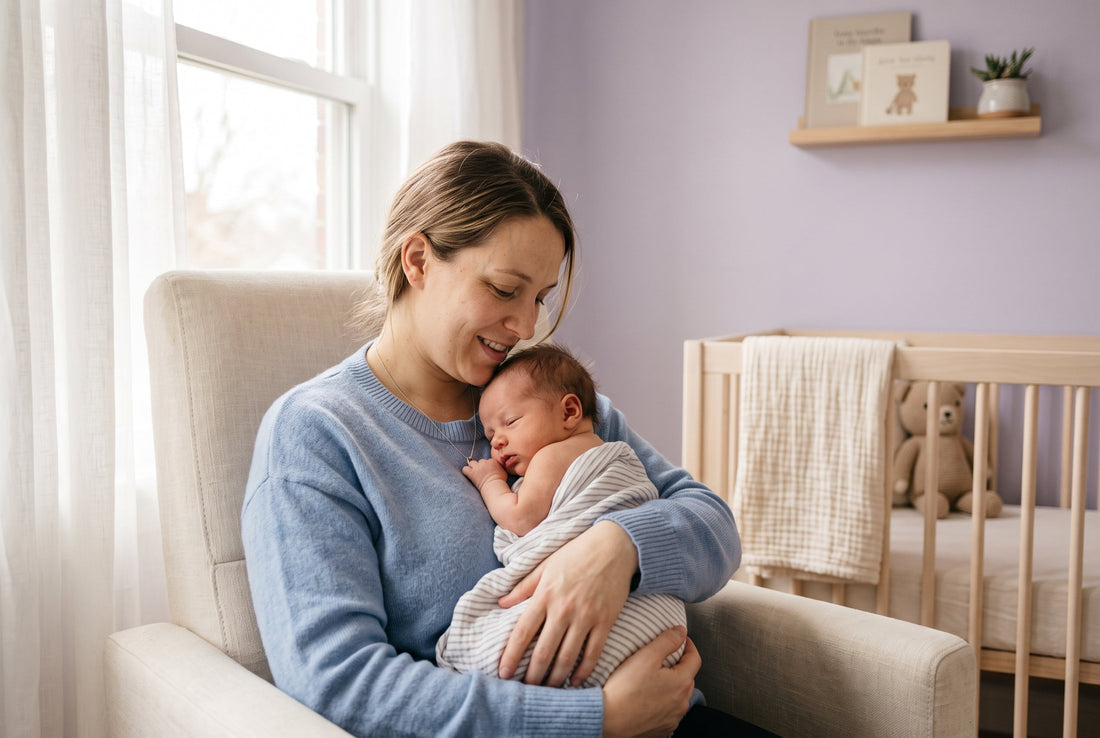 Mother holding a drowsy newborn beside a bright nursery window in soft daylight