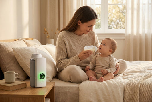 Mother gently offering warmed bottle to curious baby during breastfeeding weaning transition with portable bottle warmer showing 42 degree display on nightstand