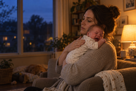 Tired mother holding a crying newborn by a window at dusk during the evening witching hour