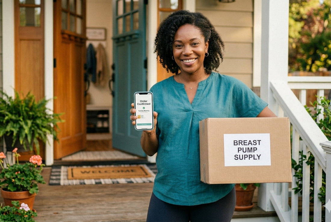 Confident pregnant mother holding a freshly delivered insurance breast pump shipping box while checking her order confirmation on her phone