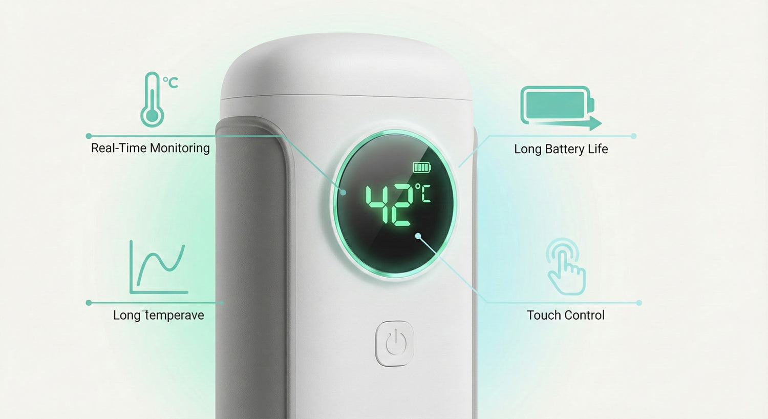 Portable bottle warmer digital display showing 42°C, long battery life, real-time monitoring & touch control icons. | Go Mommy