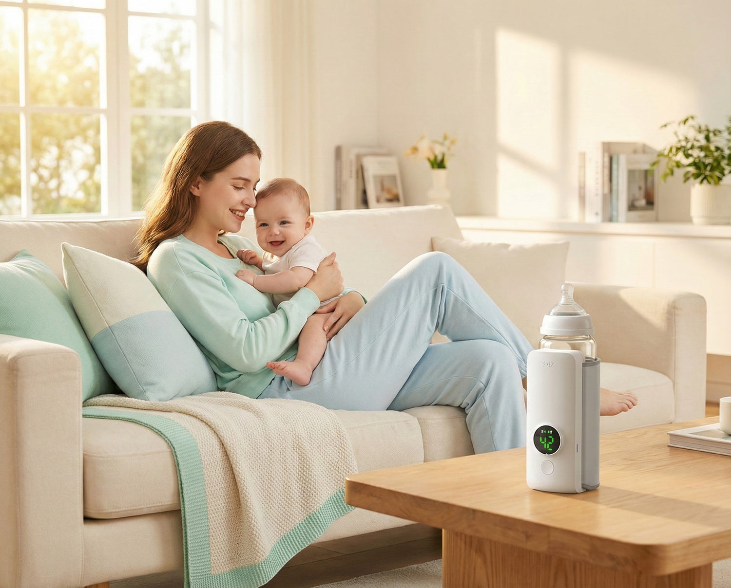 Happy mom cuddling baby on sofa with portable bottle warmer on table in cozy living room | Go Mommy