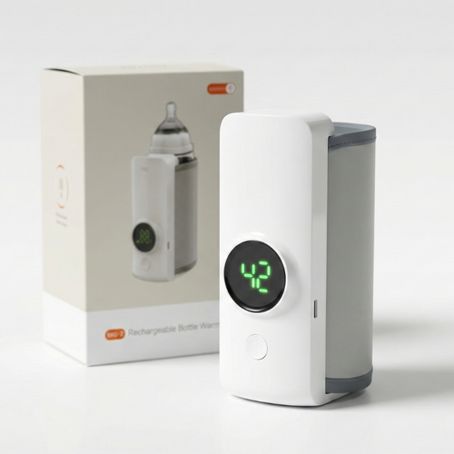 Go Mommy portable bottle warmer with premium packaging box, showcasing the clear LED temperature display