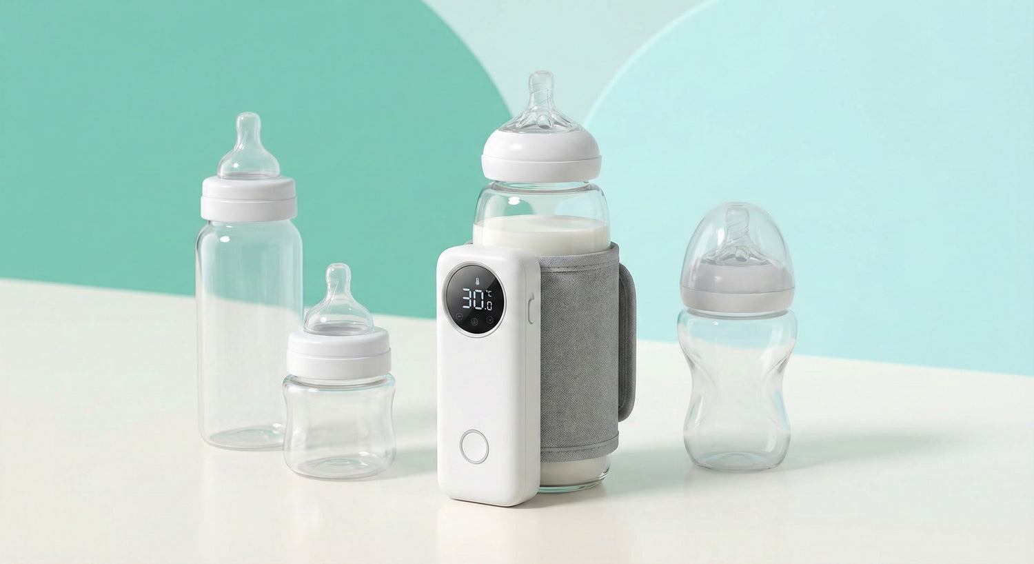 Portable bottle warmer with digital display heating milk, demonstrating universal fit with different bottles. | Go Mommy